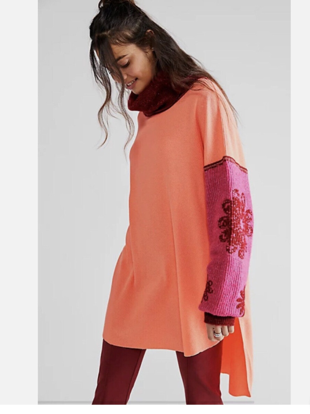 Free People Oversized Make It Cozy Coral Thermal Tunic Top Sweater small